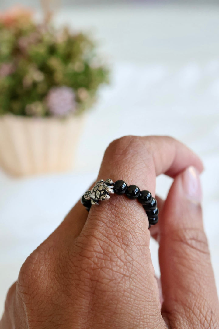Black Obsidian bead finger ring