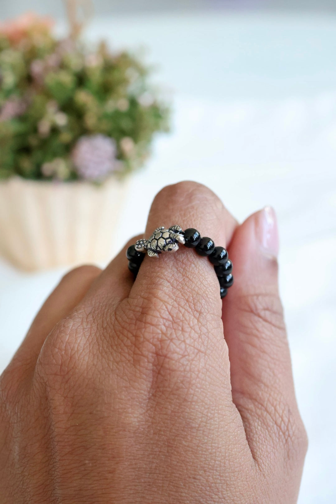 Black Obsidian bead finger ring