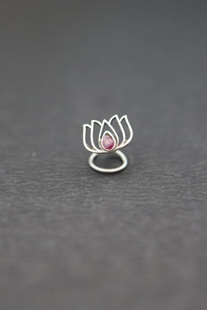 Nasika Poo Nose Pin - Lotus with red stone (Pierced)