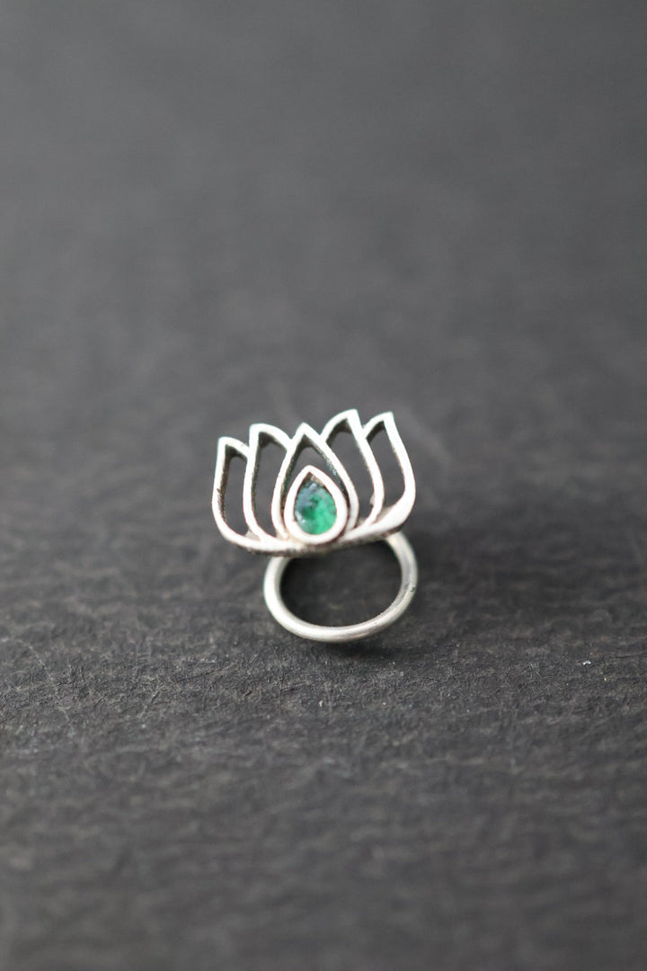 Nasika Poo Nose Pin - Lotus with green stone (Pierced)