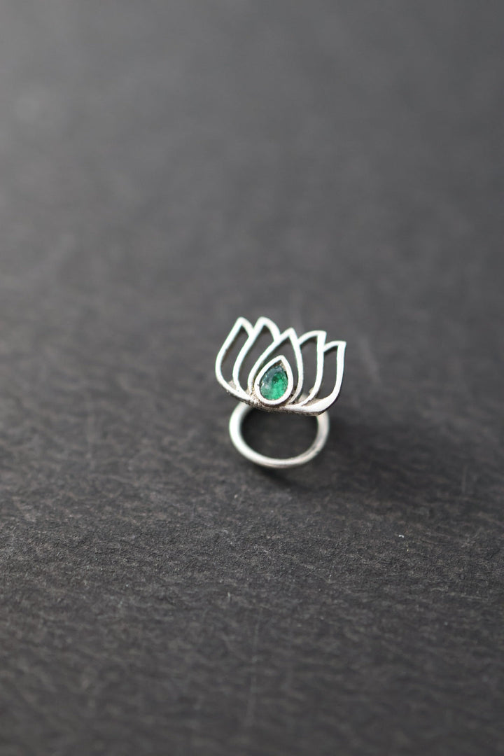 Nasika Poo Nose Pin - Lotus with green stone (Pierced)